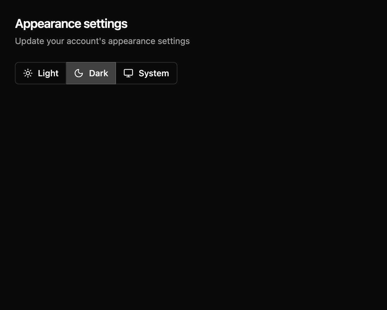 Appearance settings with light, dark, and system options