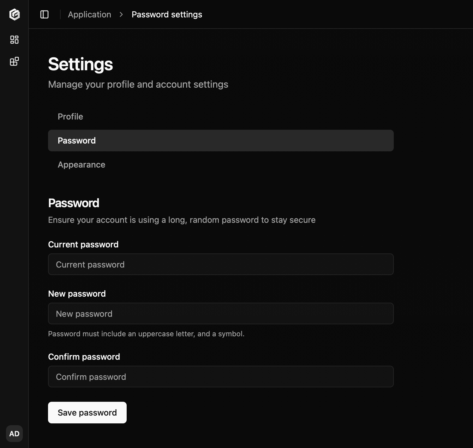 Starter kit password settings form
