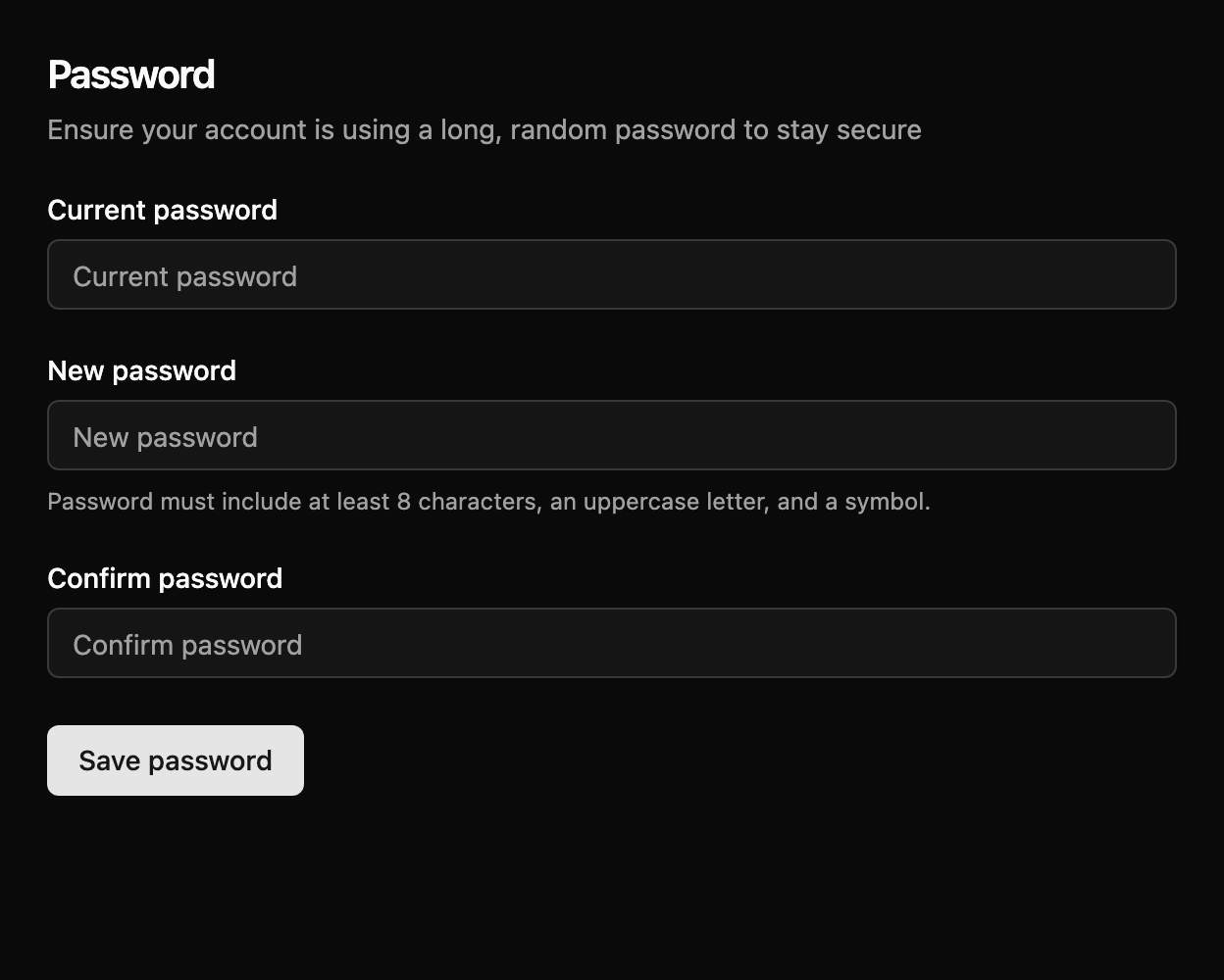 Password settings with current and new password fields