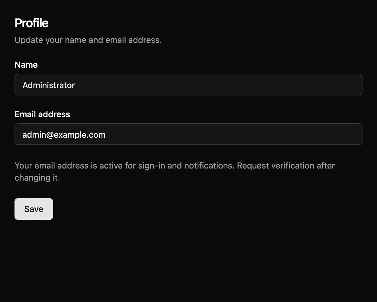 Vue starter kit profile settings with name and email fields