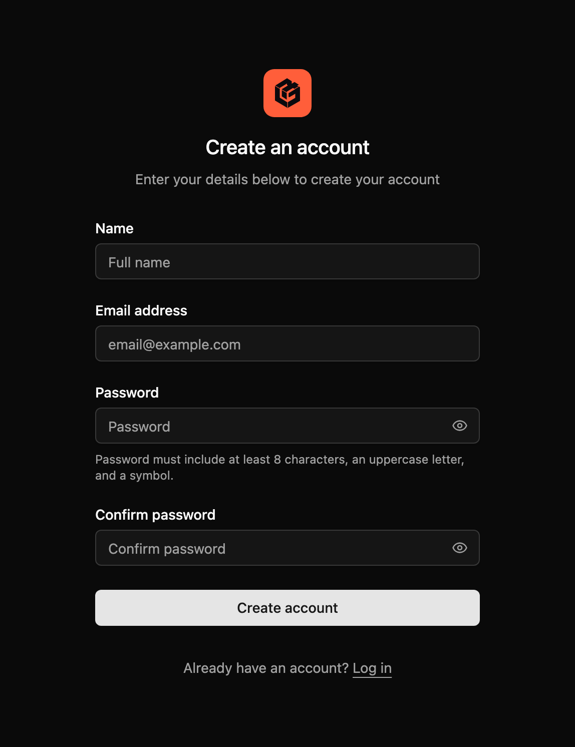 Registration form with account details
