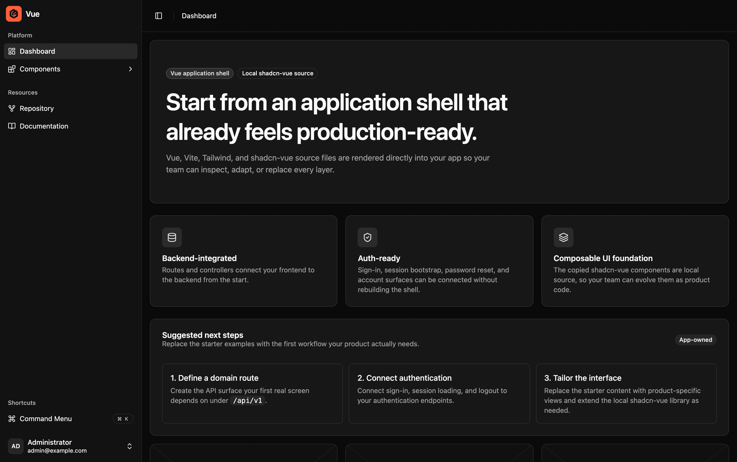 Vue starter kit dashboard with navigation and application components