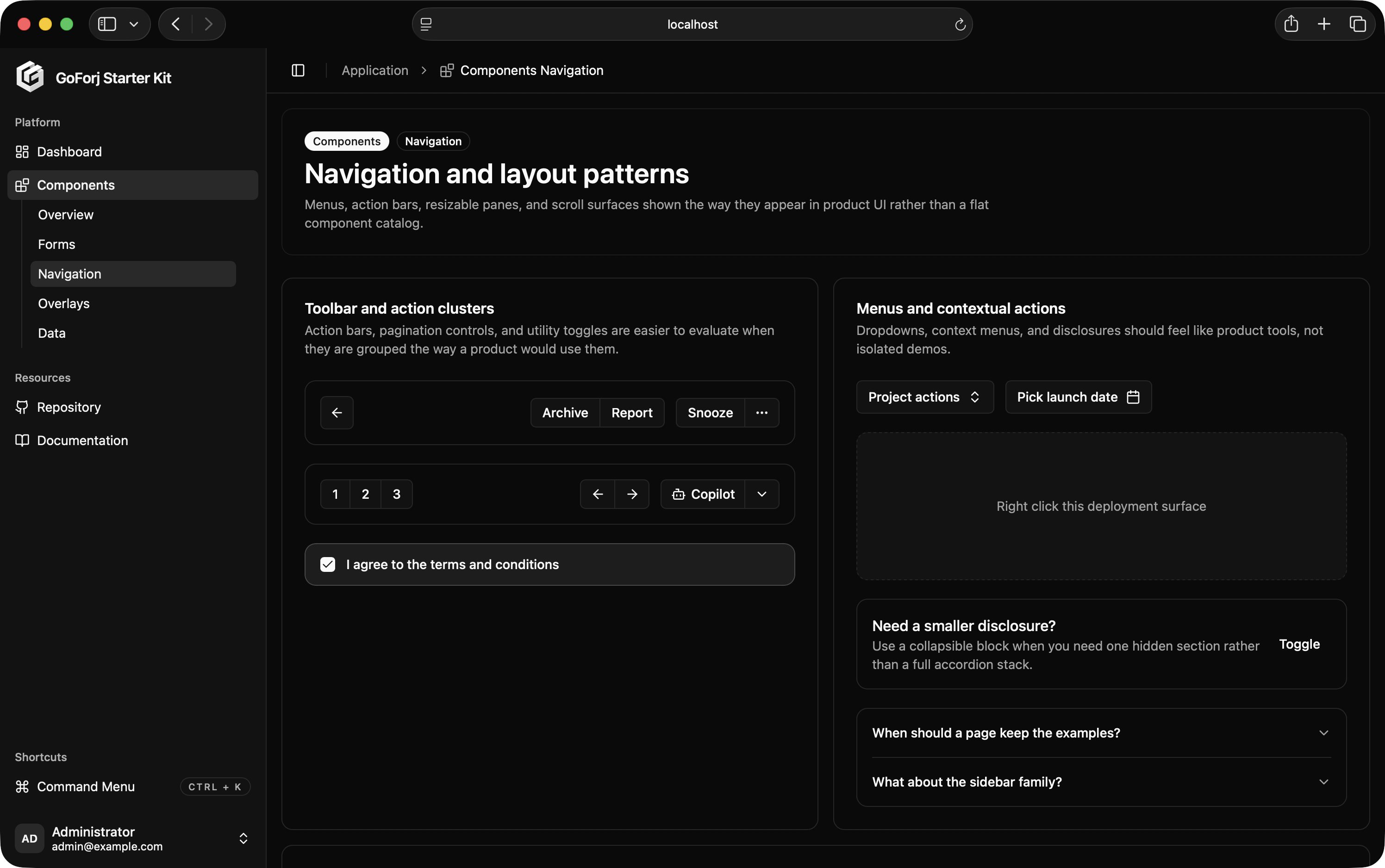 Starter kit navigation and layout patterns