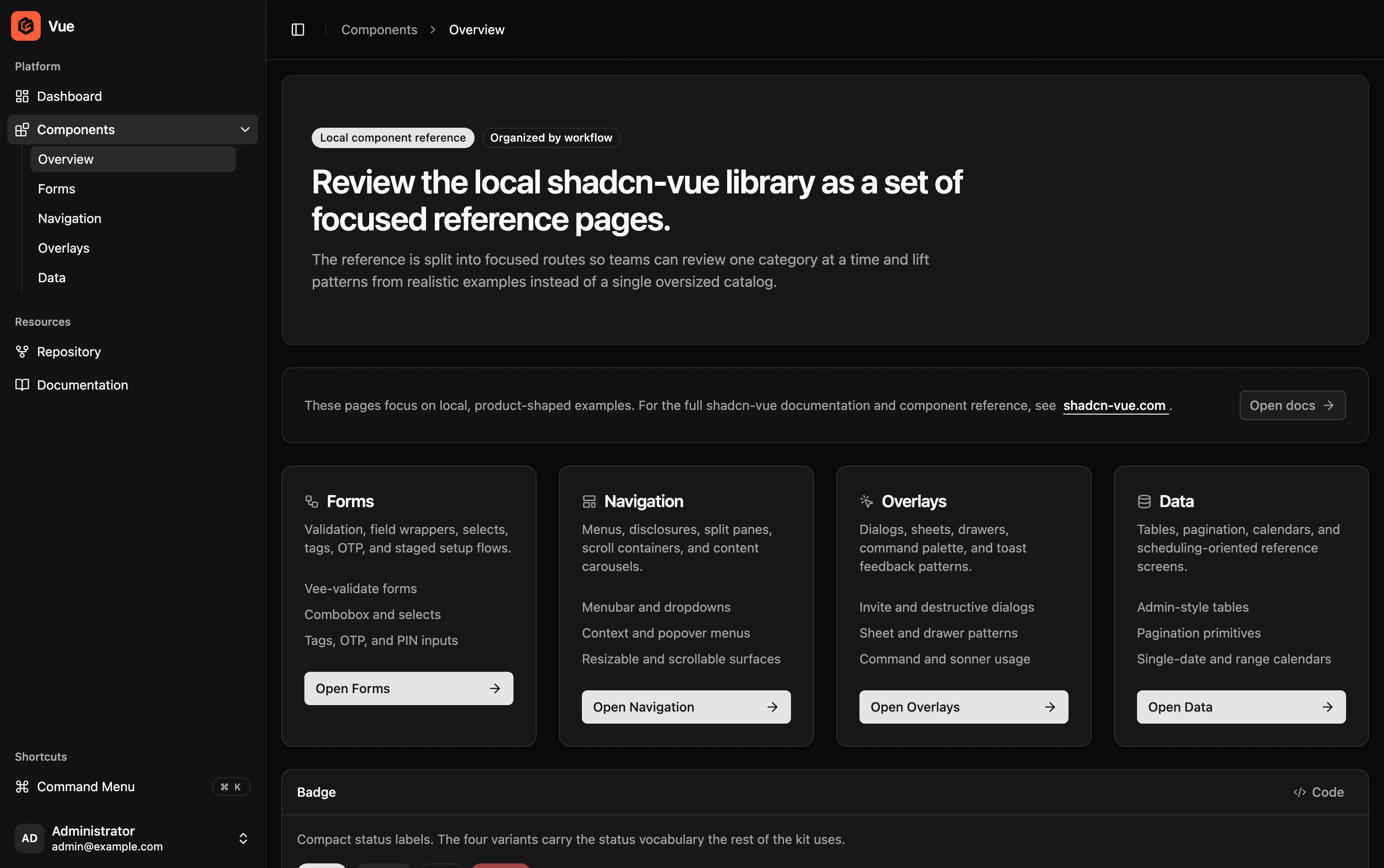 Local Vue component gallery with examples inside the application shell