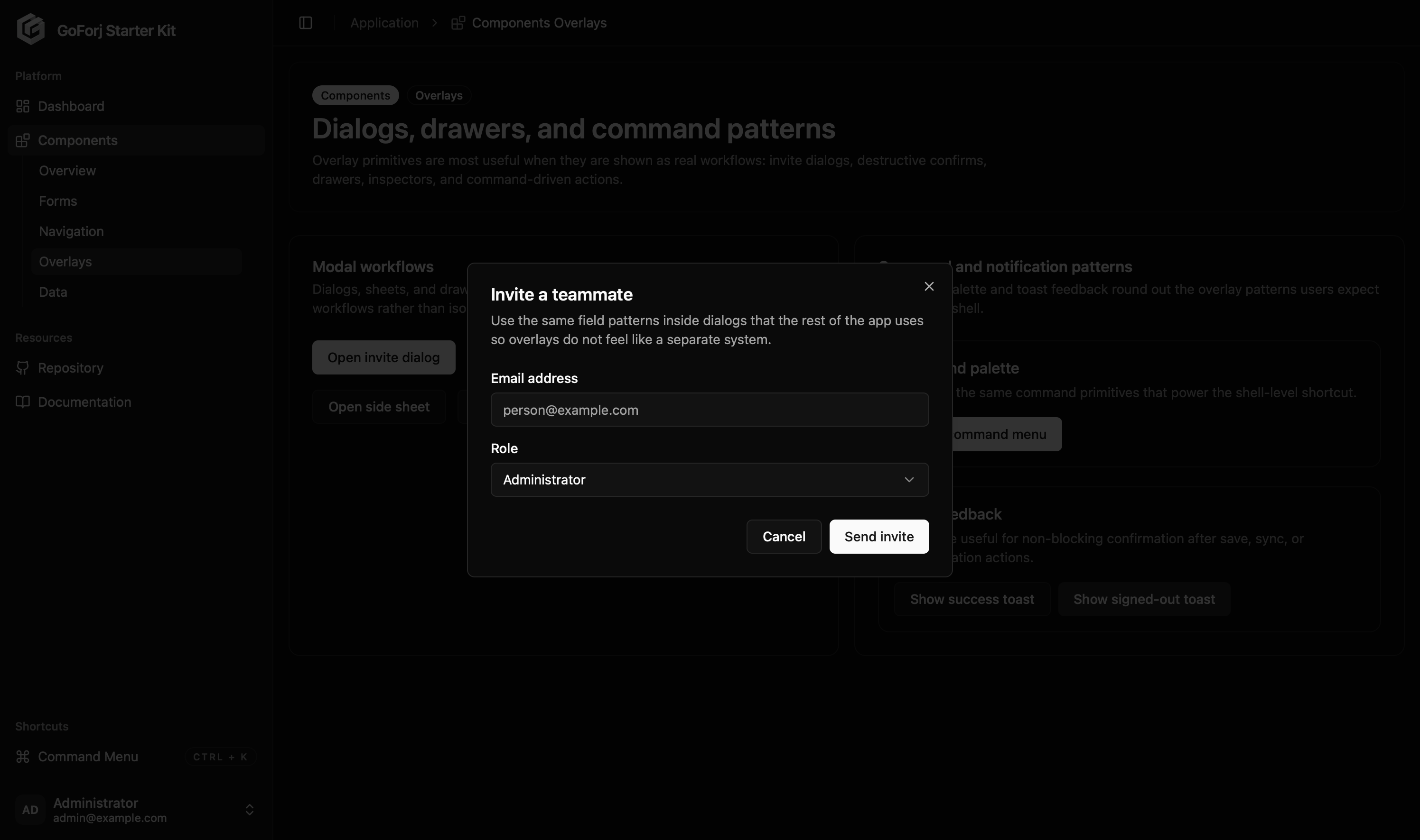 Starter kit invite teammate dialog